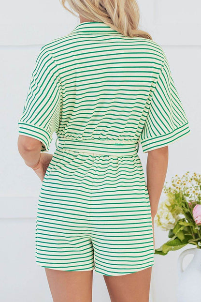Striped Half Sleeve Tie Waist Romper - Selvanelle