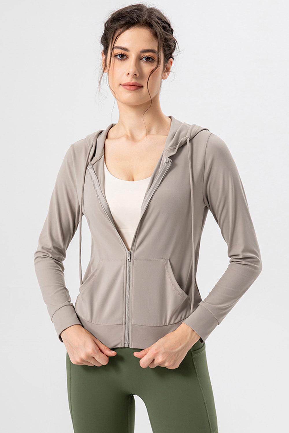 Drawstring Zip Up Hooded Active Outerwear for Women