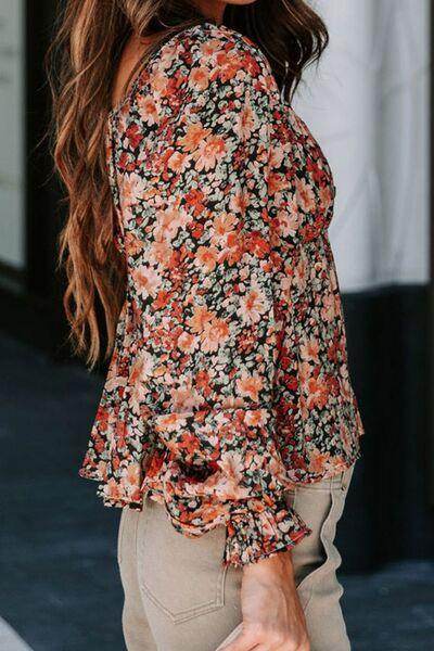Peplum Tied Flora Long Sleeve Blouse for Women Stylish - Selvanelle