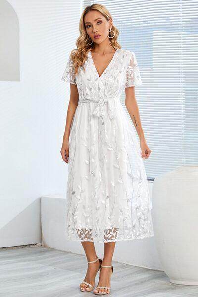 Sequin Leaf Embroidery Tie Front Short Sleeve Dress for Women - Selvanelle