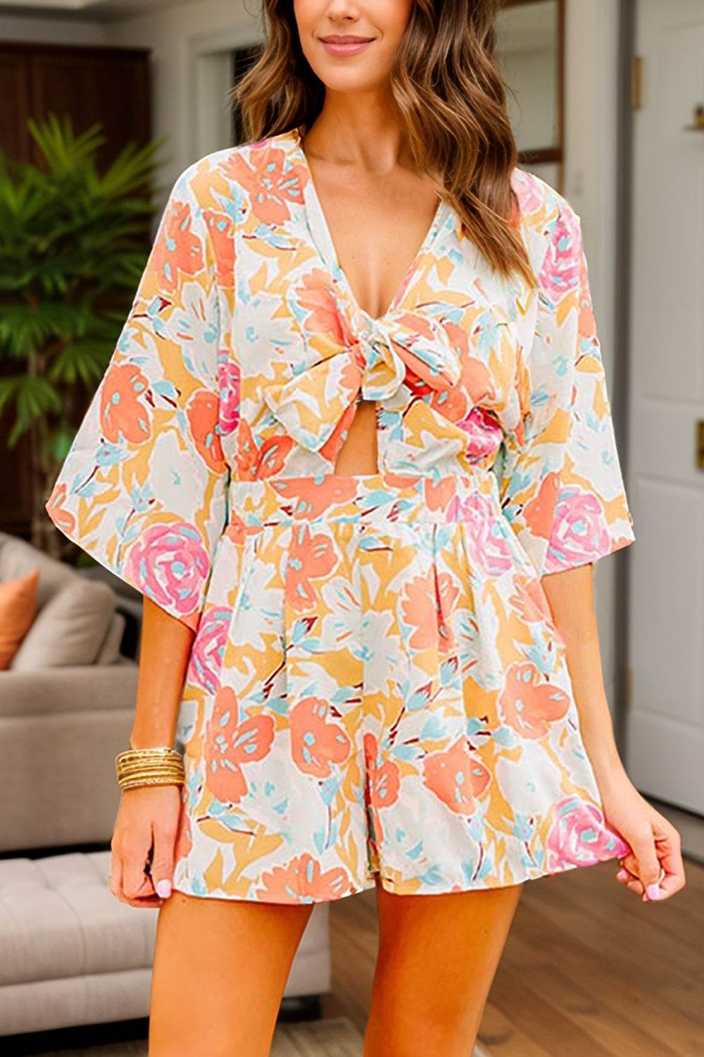Tied Printed Half Sleeve Romper - Selvanelle