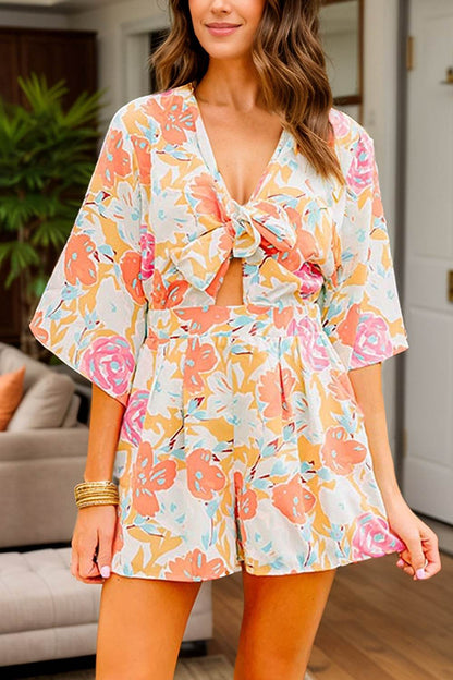Tied Printed Half Sleeve Romper - Selvanelle