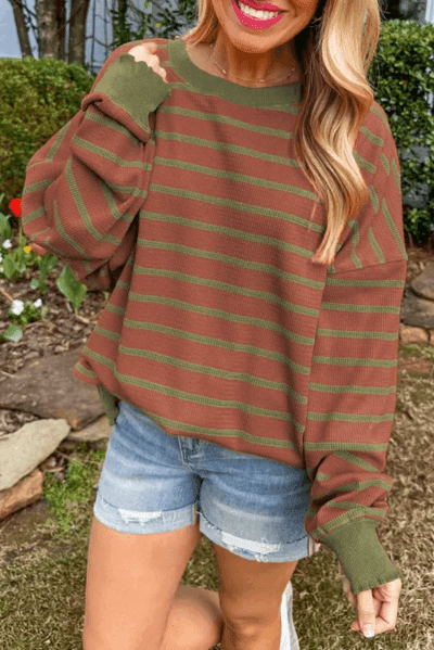 Striped Round Neck Long Sleeve Sweater for Women Fashion - Selvanelle