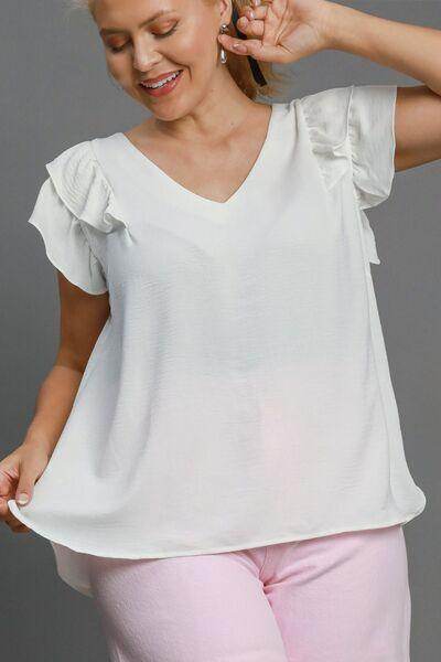Umgee Full Size V-Neck Double Layered Ruffle Sleeve Blouse Plus Size - Selvanelle