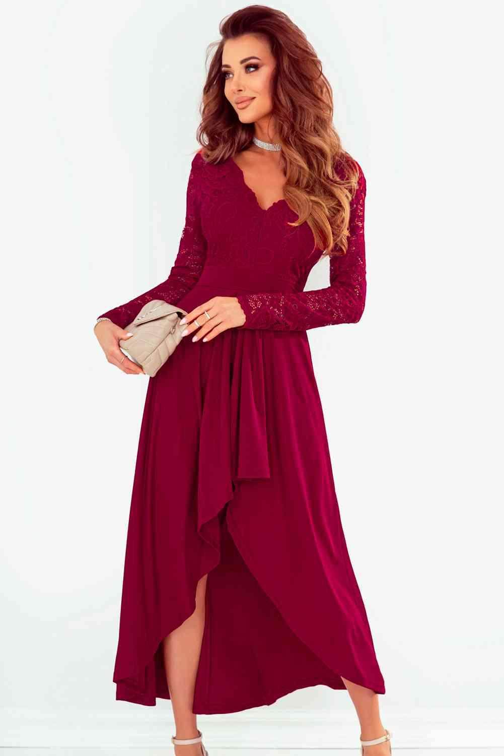 Lace High-Low V-Neck Dress for Elegant Evening Wear - Selvanelle