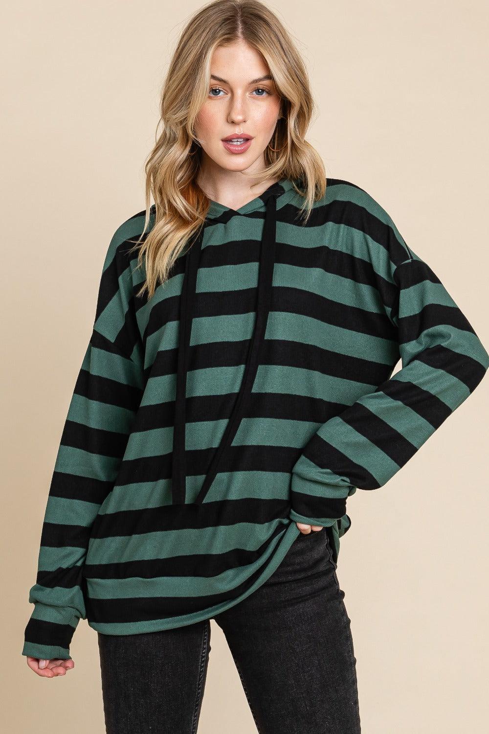 BOMBOM Drawstring Striped Dropped Shoulder Hoodie for Women