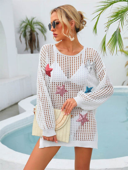 Angel Wings Sequin Star Round Neck Long Sleeve Cover Up - Selvanelle