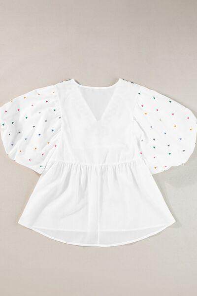 Printed V-Neck Puff Sleeve Top for Effortless Style - Selvanelle