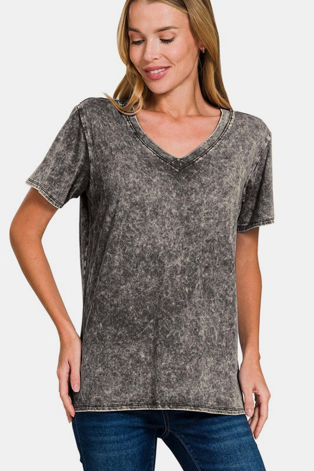 Zenana Full Size Washed Short Sleeve V-Neck T-Shirt for Women