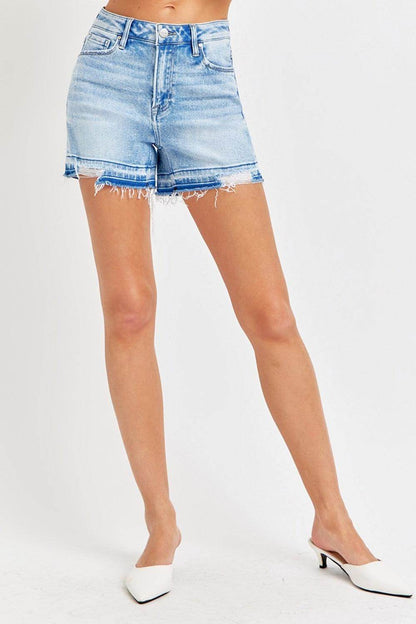 RISEN High Rise Distressed Hem Denim Shorts for Women - Selvanelle