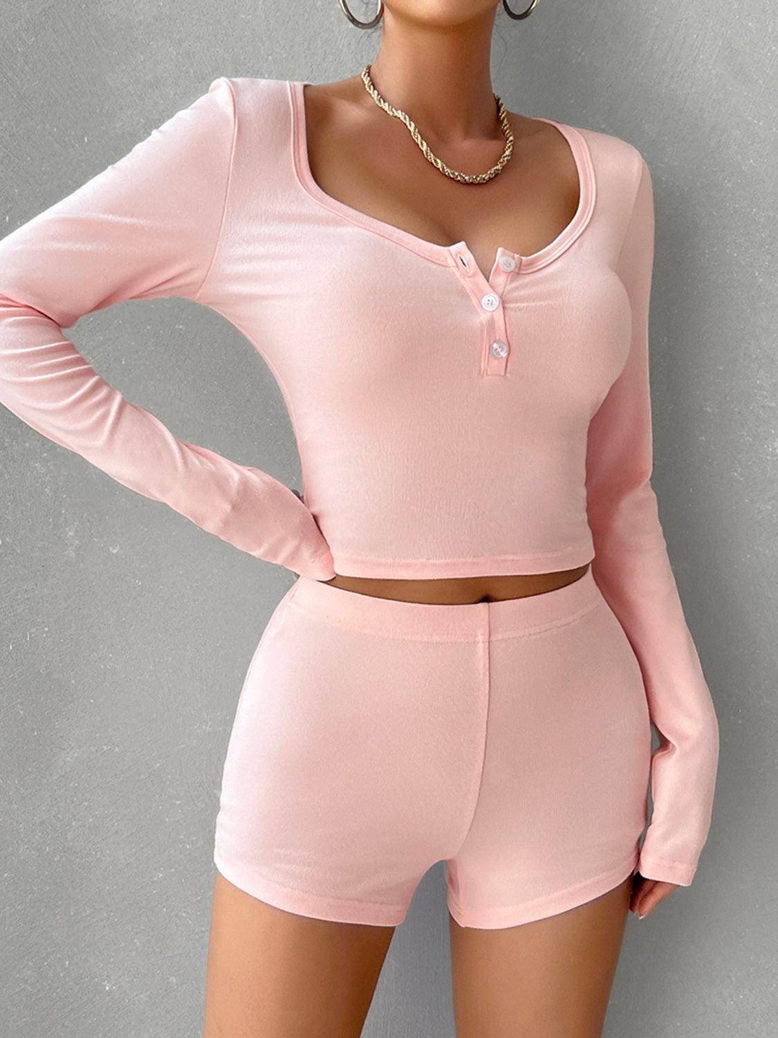Devine Scoop Neck Long Sleeve Top and Shorts Set for Women - Selvanelle