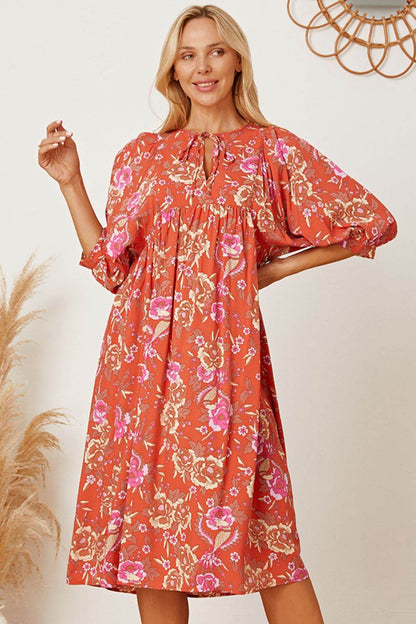 Floral Tie Neck Half Sleeve Dress - Selvanelle