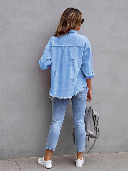 Distressed Drop Shoulder Denim Jacket for Casual Style - Selvanelle