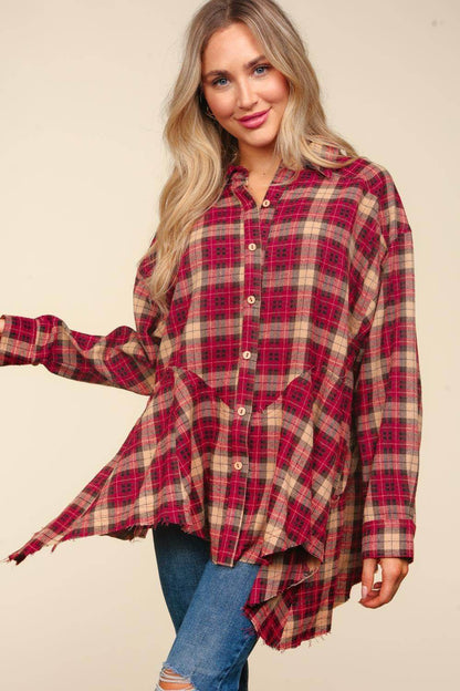Haptics Plaid Button Down Sharkbite Shirt for Stylish Outfits - Selvanelle