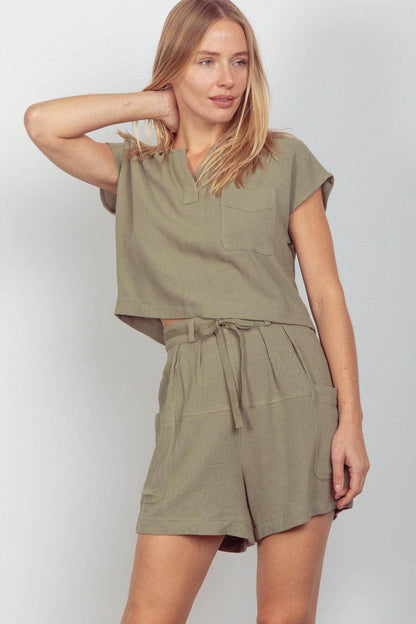 Very J Woven Cropped Top and Waist Tie Shorts Set - Selvanelle