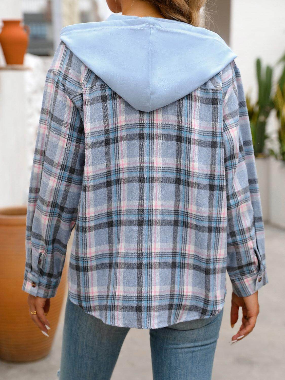 Plaid Long Sleeve Hooded Jacket for Women with Pockets - Selvanelle