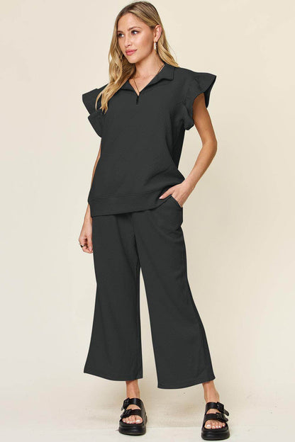 Double Take Texture Ruffle Short Sleeve Top and Pants Set - Selvanelle