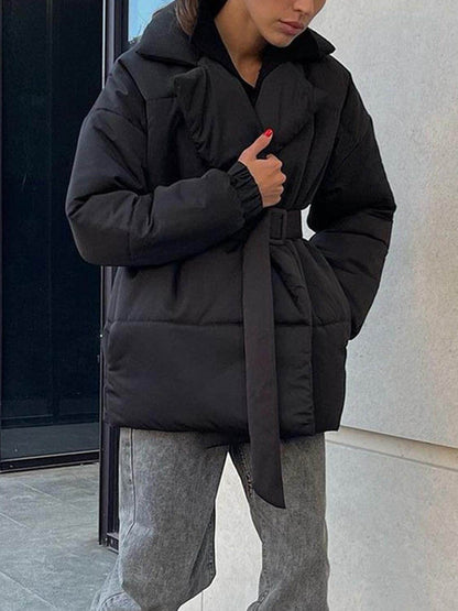 Puffer Long Sleeve Winter Coat with Belt for Women - Selvanelle
