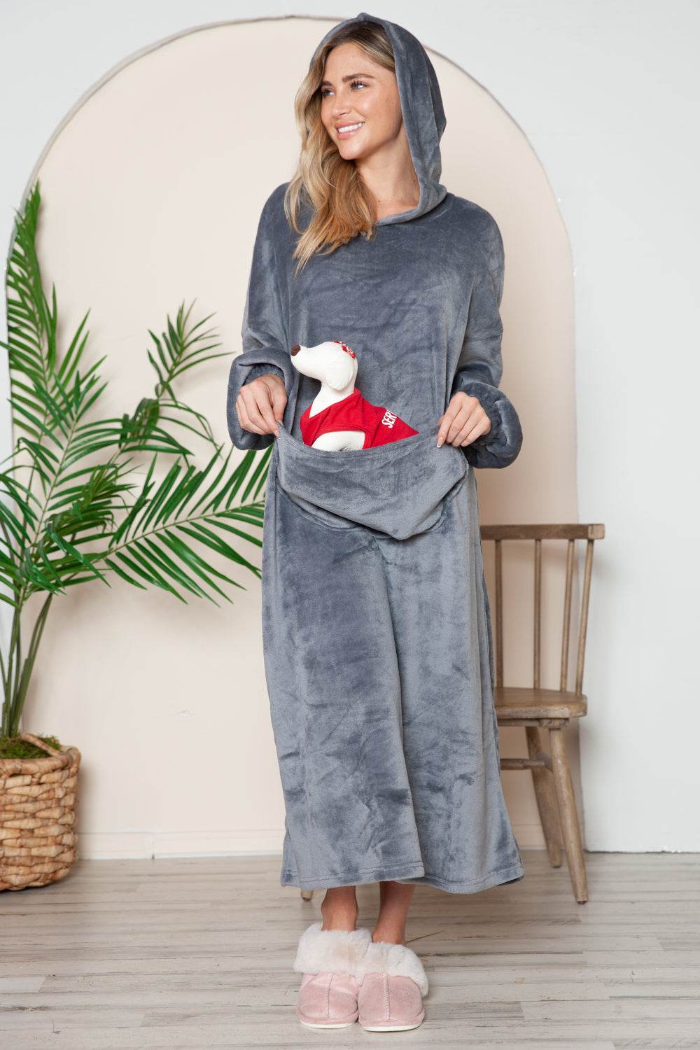 Double Take Full Size Pocketed Hooded Midi Lounge Dress - Selvanelle