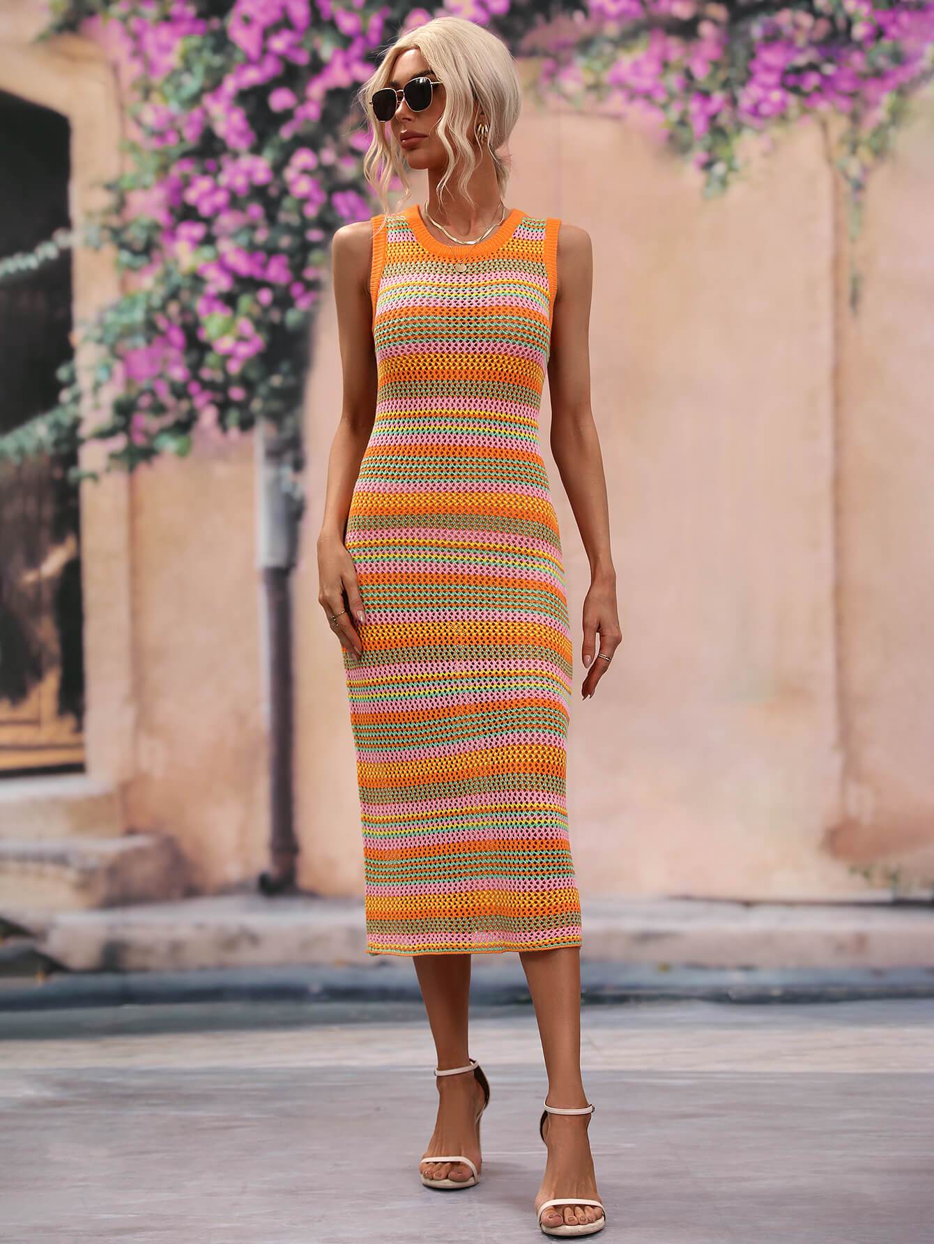 Striped Round Neck Sleeveless Midi Cover Up Dress - Selvanelle