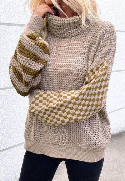 Striped & Checkered Turtleneck Dropped Shoulder Sweater - Selvanelle