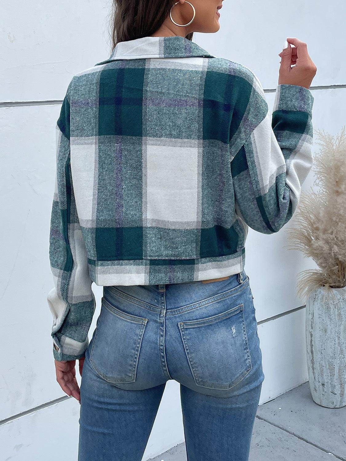 Perfee Plaid Button Up Drop Shoulder Cropped Jacket for Women - Selvanelle