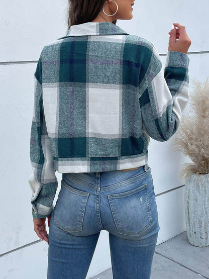 Perfee Plaid Button Up Drop Shoulder Cropped Jacket for Women - Selvanelle