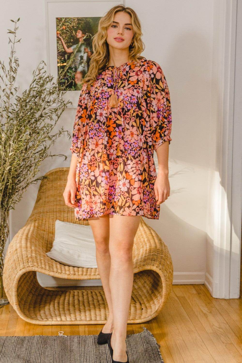 ODDI Full Size Floral Tied Neck Mini Dress for Women - Selvanelle