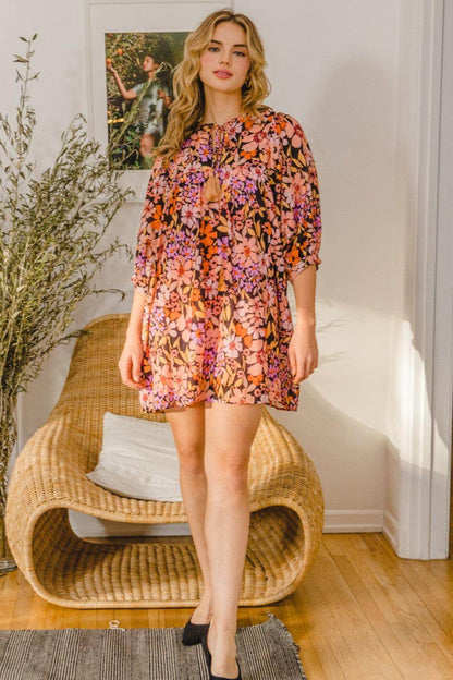 ODDI Full Size Floral Tied Neck Mini Dress for Women - Selvanelle