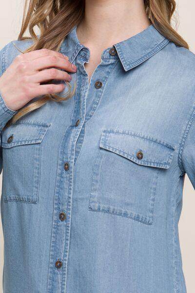 Love Tree Scooped Hem Button Up Denim Shirt for Women - Selvanelle