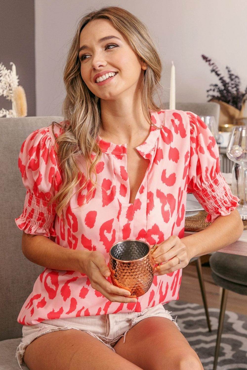 BiBi Leopard Smocked Short Sleeve Blouse for Trendy Style - Selvanelle