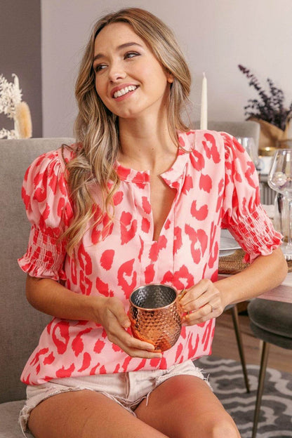 BiBi Leopard Smocked Short Sleeve Blouse for Trendy Style - Selvanelle