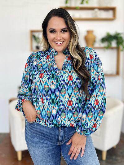 Double Take Full Size Printed Balloon Sleeve Blouse for Women - Selvanelle