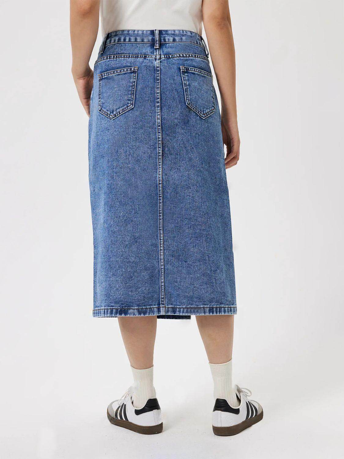 Slit Midi Denim Skirt with Pockets for Stylish Look - Selvanelle