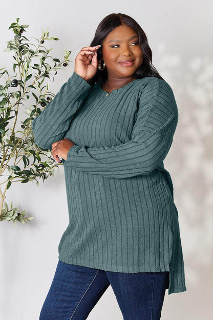 Basic Bae Full Size Ribbed Round Neck Long Sleeve Slit Top - Selvanelle