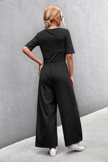 Scoop Neck Half Sleeve Wide Leg Jumpsuit - Selvanelle