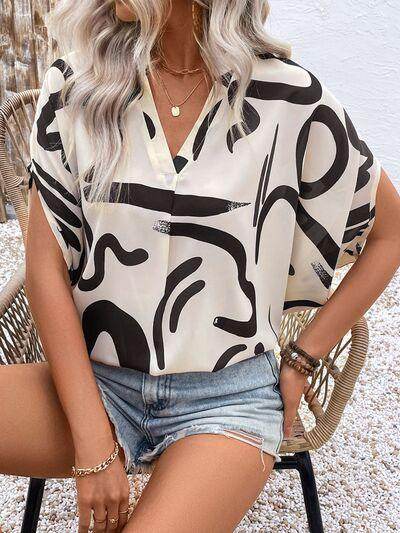 Perfee Printed Notched Half Sleeve Blouse for Women - Selvanelle