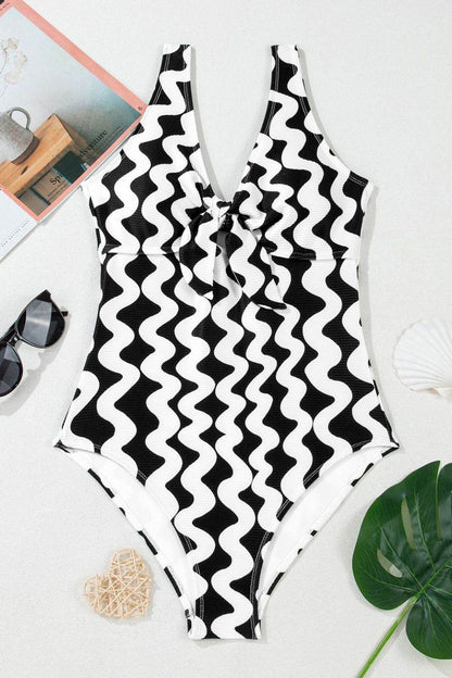 Tied Front Contrast Striped One-Piece Swimsuit - Selvanelle
