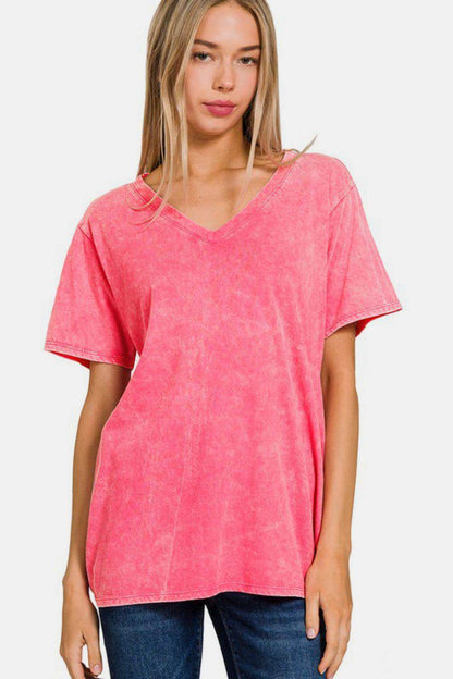 Zenana Full Size Washed Short Sleeve V-Neck T-Shirt Casual - Selvanelle