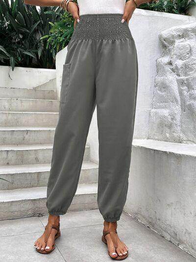 Smocked High Rise Joggers with Pockets for Women - Selvanelle