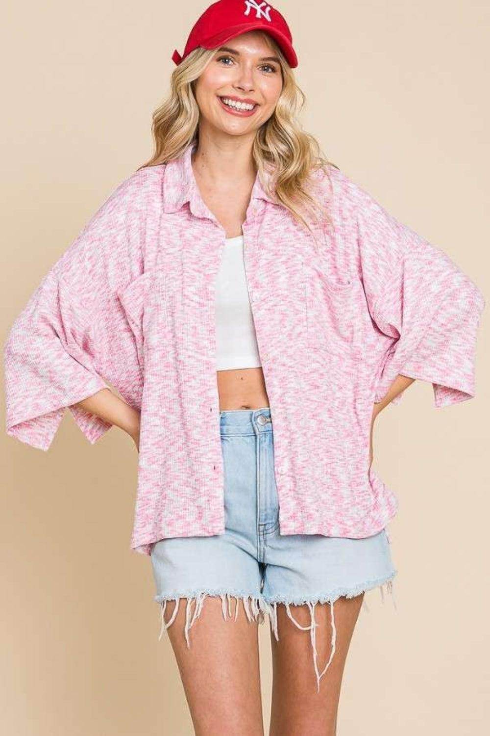 Culture Code Button Up Drop Shoulder Slit Shirt for Women - Selvanelle