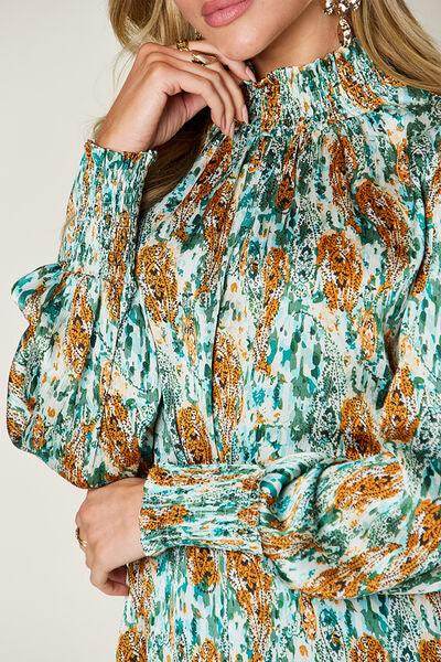 Double Take Full Size Printed Smocked Long Sleeve Blouse - Selvanelle