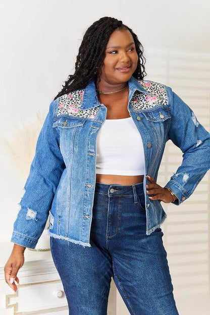 Baeful Leopard Floral Distressed Raw Hem Denim Jacket Women - Selvanelle