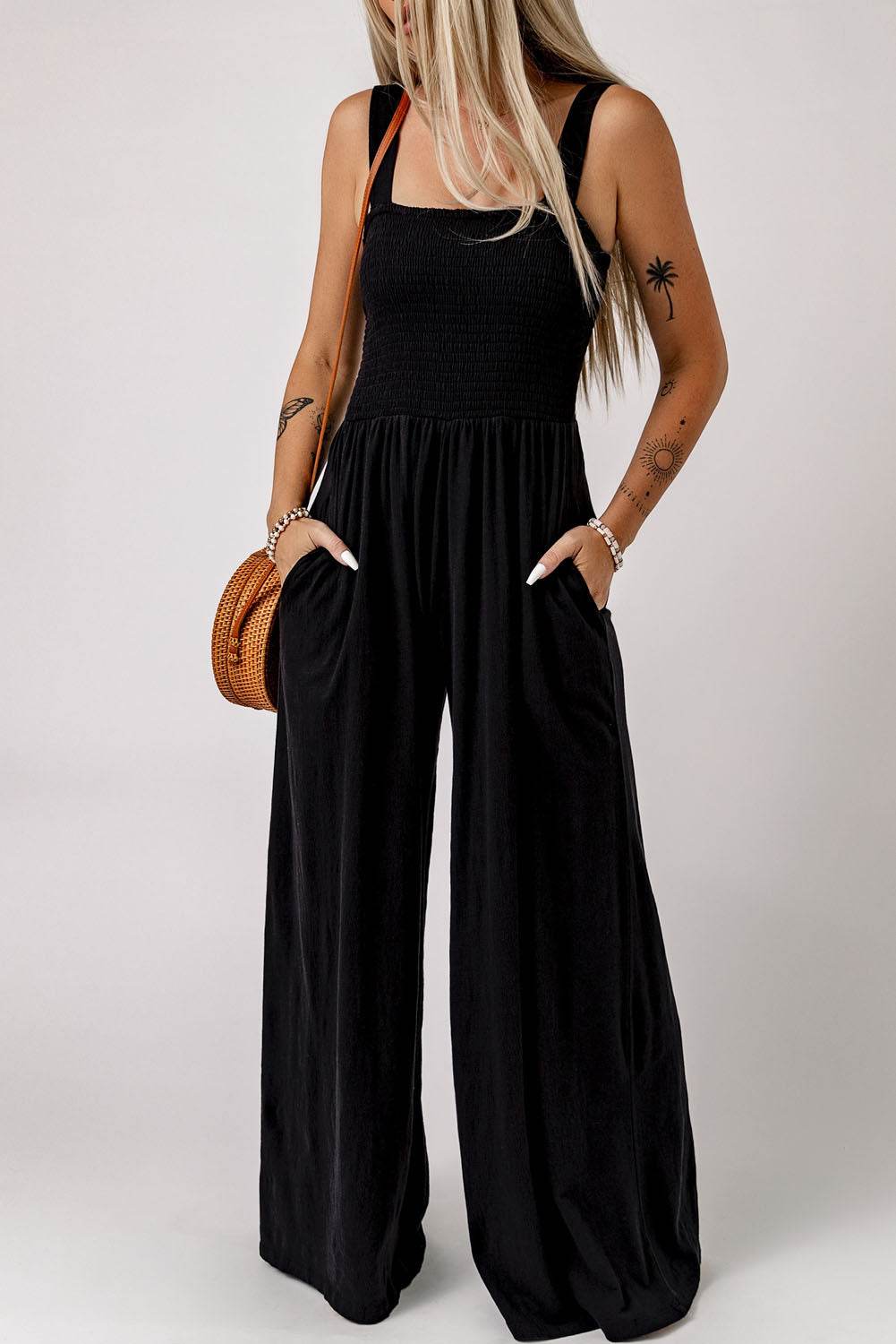 Smocked Square Neck Wide Leg Jumpsuit with Pockets - Selvanelle