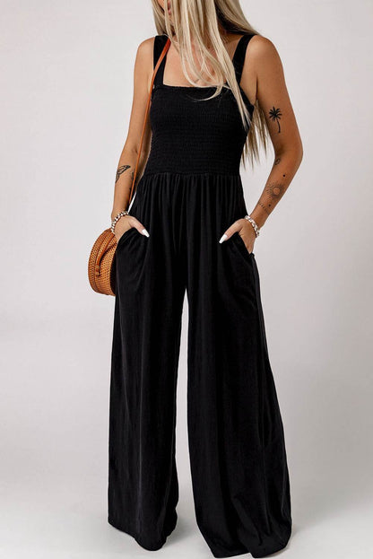 Smocked Square Neck Wide Leg Jumpsuit with Pockets - Selvanelle