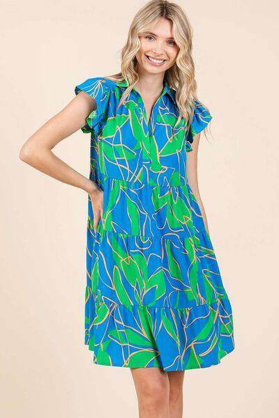 Mittoshop Leaf Print Ruffle Sleeve Tiered Mini Dress for Women - Selvanelle