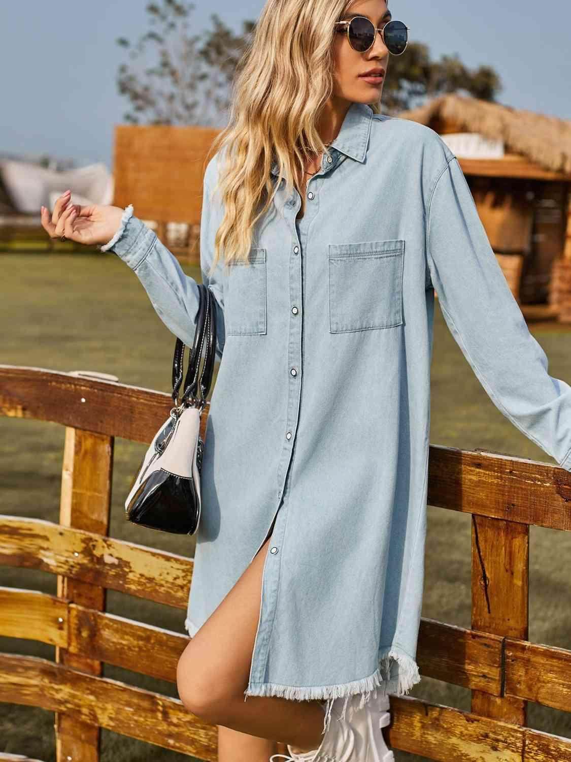 Button Up Collared Neck Raw Hem Denim Dress for Women - Selvanelle
