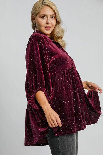 Umgee Full Size Polka Dot Button Up Half Sleeve Shirt - Selvanelle