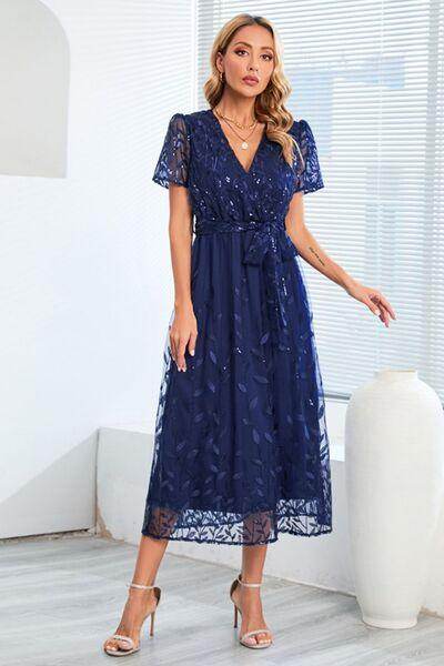 Sequin Leaf Embroidery Tie Front Short Sleeve Dress for Women - Selvanelle