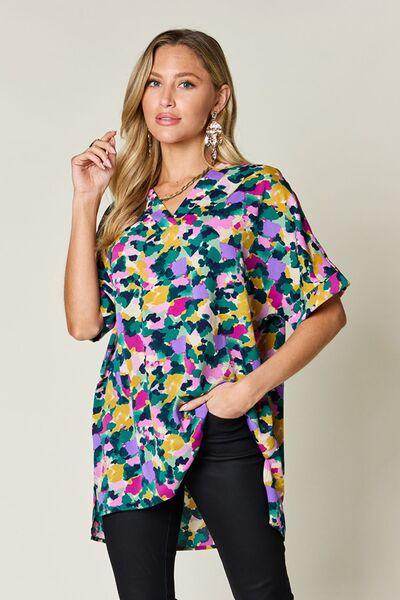 Double Take Full Size Printed V-Neck Short Sleeve Top - Selvanelle